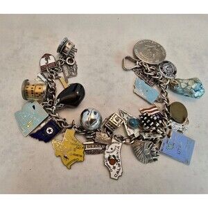 Vintage Sterling Silver Charm Bracelet Loaded with Charms Travel Americana
